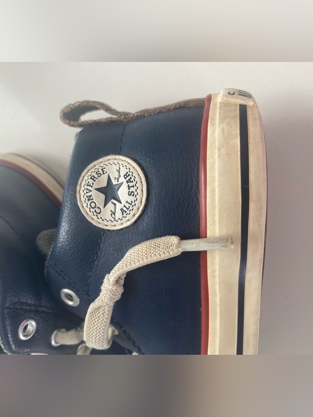 Converse High Top Sneakers - Navy, White & Red Trim vintage feel, thick leather